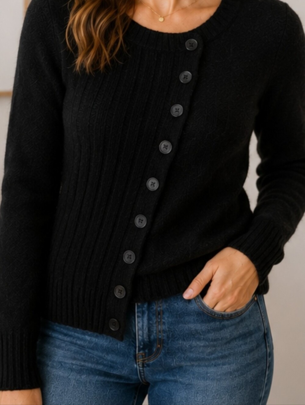 Garnet Hill Black Lambswool Angora Blend Button Front Cardigan Sweater Medium